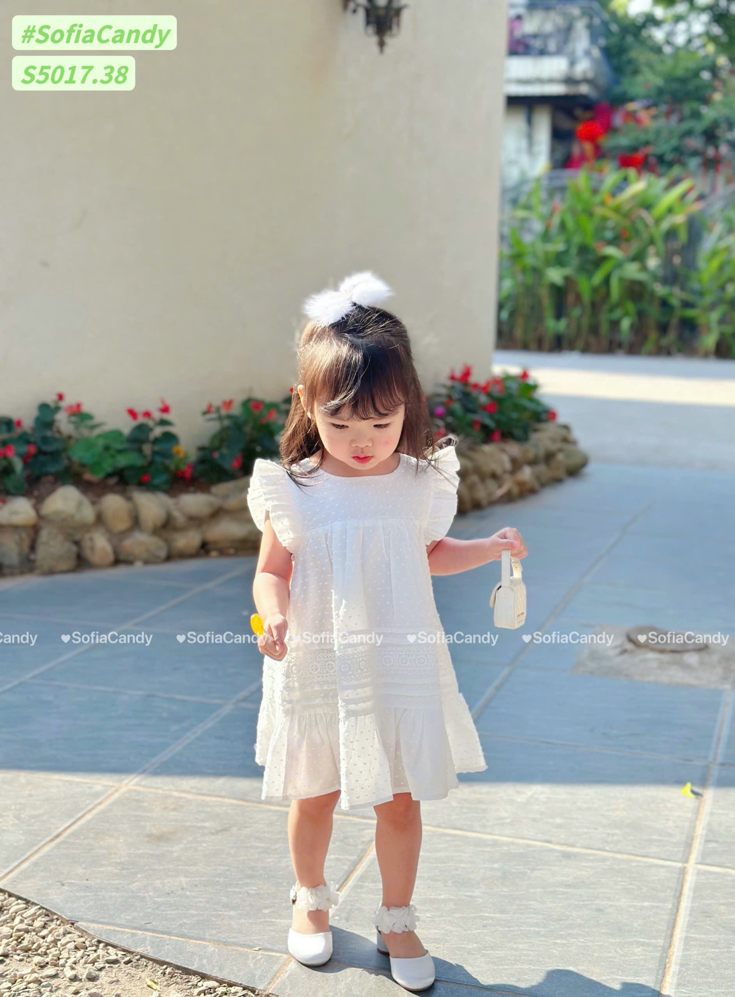 S5017 - Váy Sofia Candy thô hạt gạo chân xòe phối ren 2 màu trắng / hồng size 1 - 10y