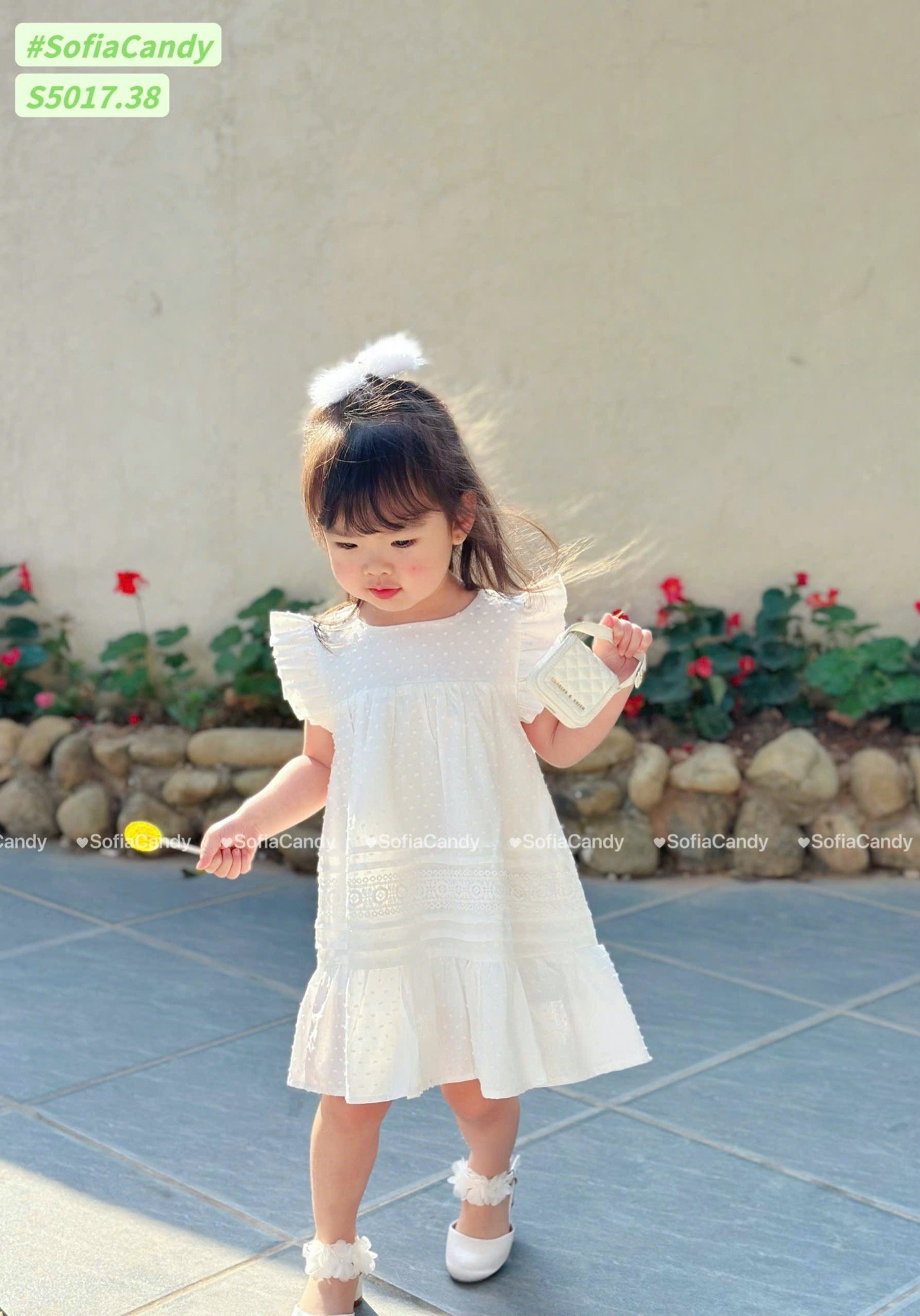 S5017 - Váy Sofia Candy thô hạt gạo chân xòe phối ren 2 màu trắng / hồng size 1 - 10y