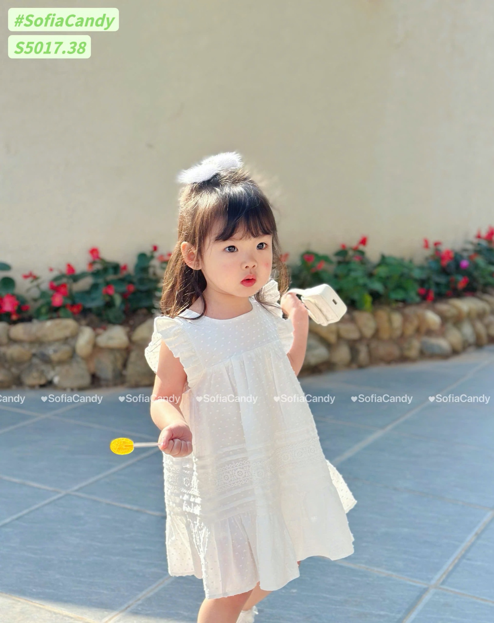 S5017 - Váy Sofia Candy thô hạt gạo chân xòe phối ren 2 màu trắng / hồng size 1 - 10y