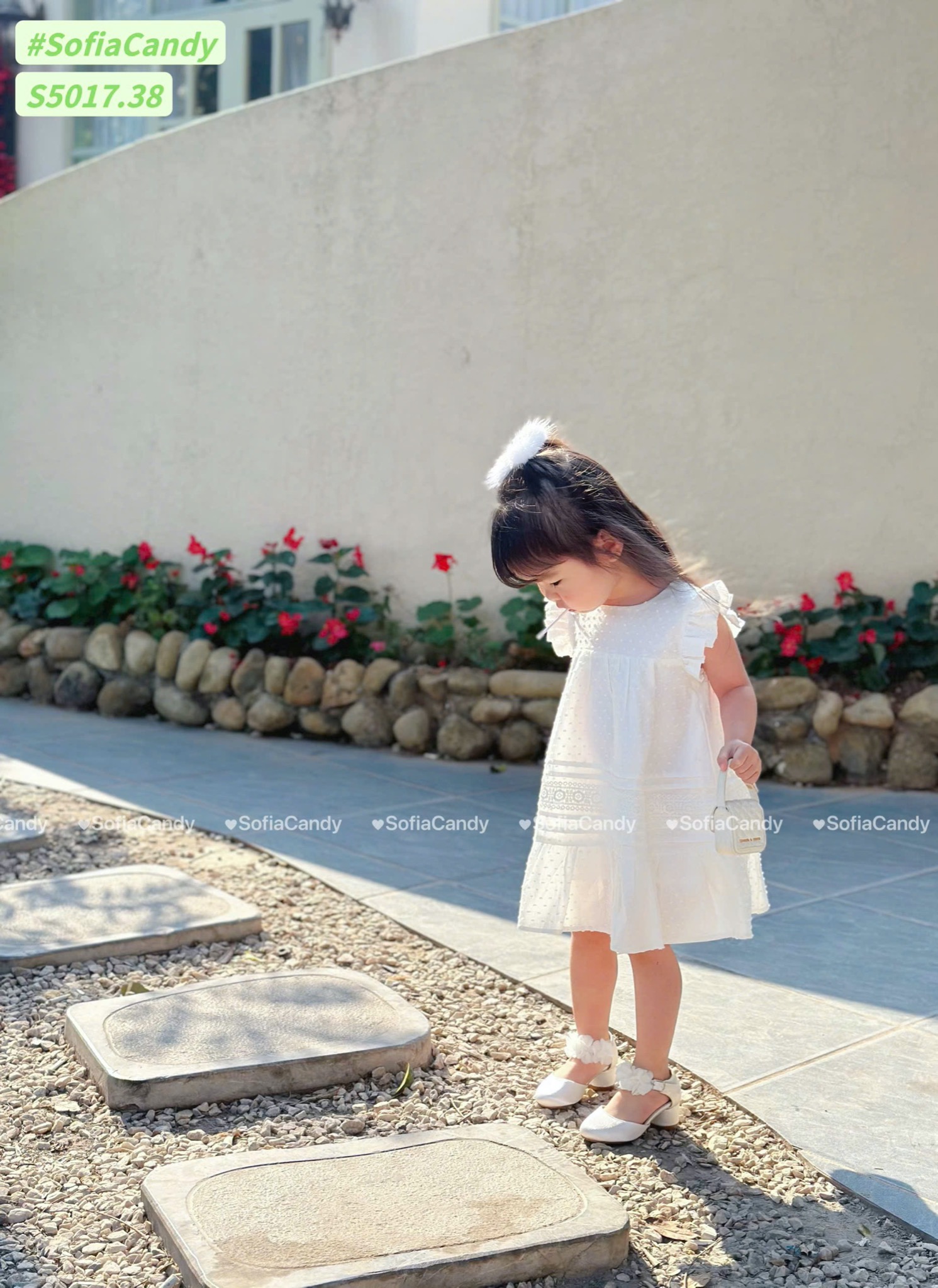 S5017 - Váy Sofia Candy thô hạt gạo chân xòe phối ren 2 màu trắng / hồng size 1 - 10y