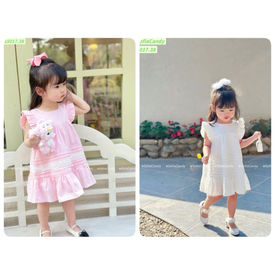 S5017 - Váy Sofia Candy thô hạt gạo chân xòe phối ren 2 màu trắng / hồng size 1 - 10y