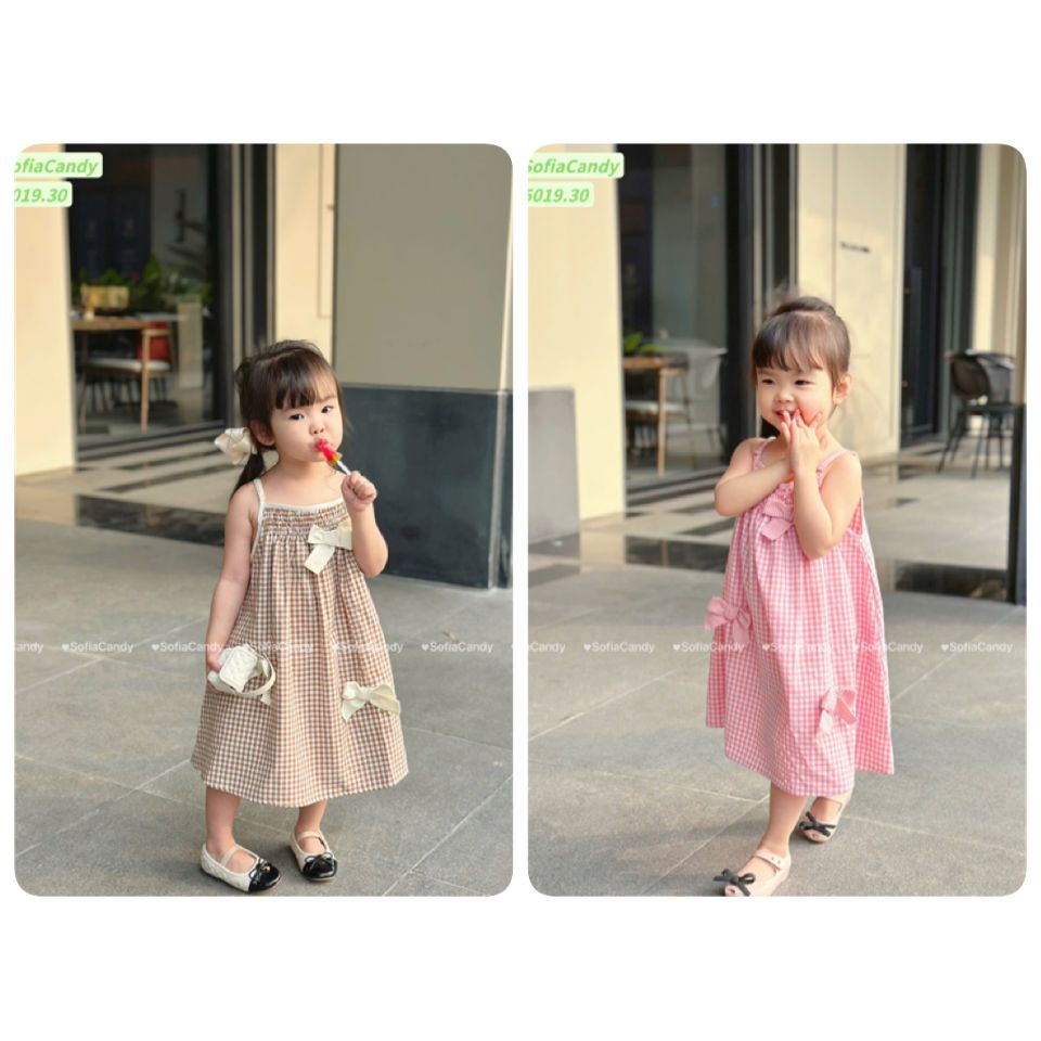 S5019 - Váy linen Sofia Candy hai dây caro hồng / caro nâu đính nơ size 1 - 10y