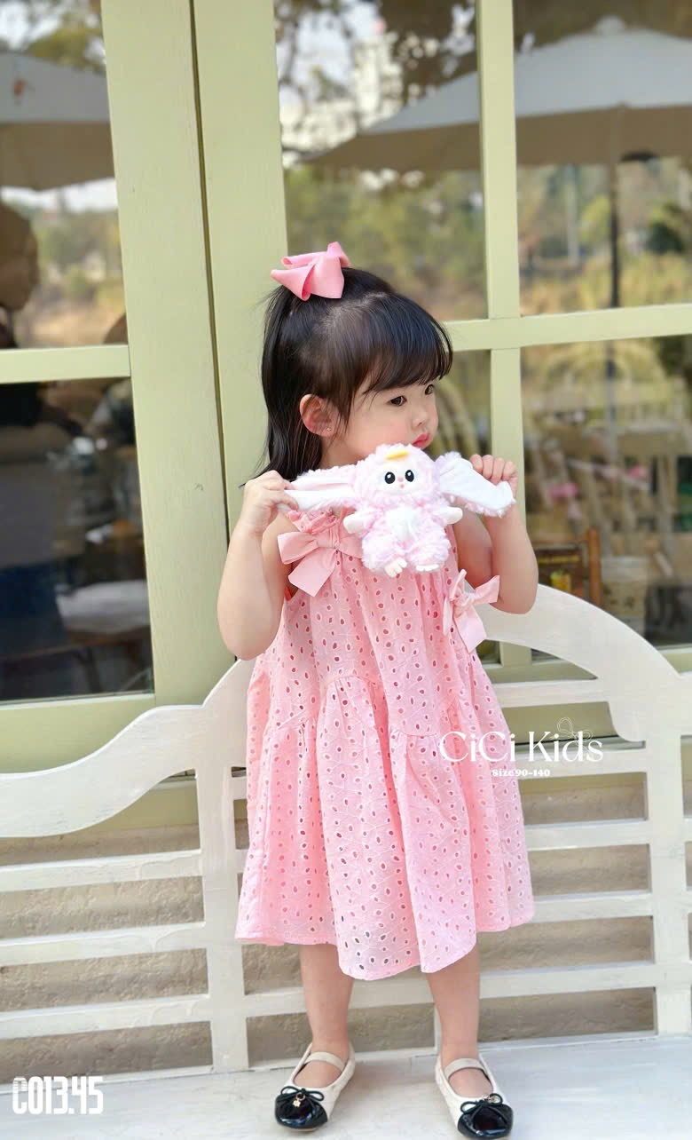 C013 - Váy Cicikids thêu 2 lớp đính nơ 2 màu hồng/trắng bé gái size 90-140