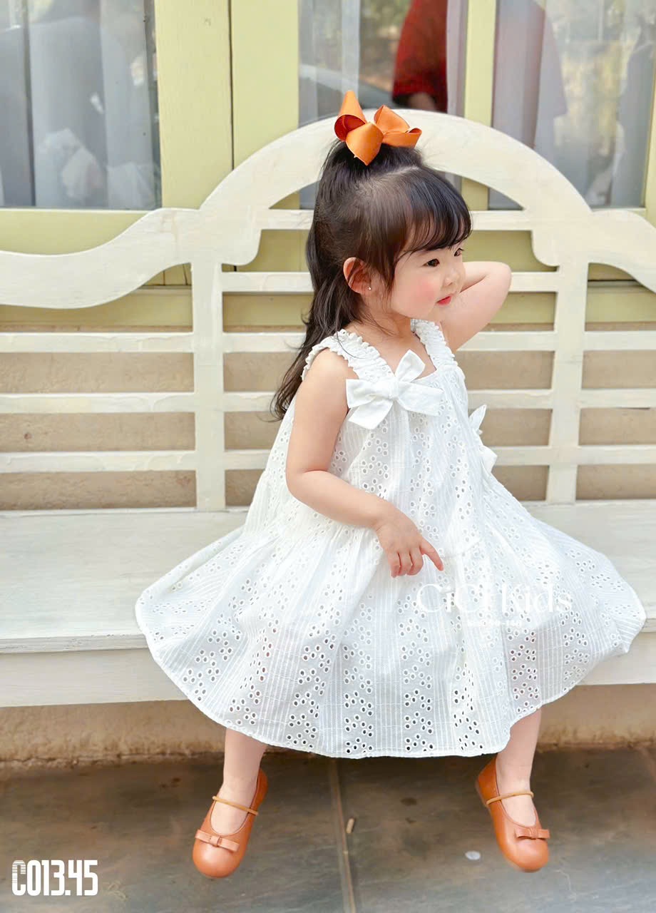 C013 - Váy Cicikids thêu 2 lớp đính nơ 2 màu hồng/trắng bé gái size 90-140