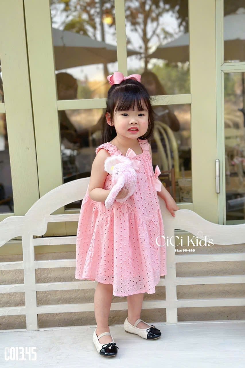 C013 - Váy Cicikids thêu 2 lớp đính nơ 2 màu hồng/trắng bé gái size 90-140