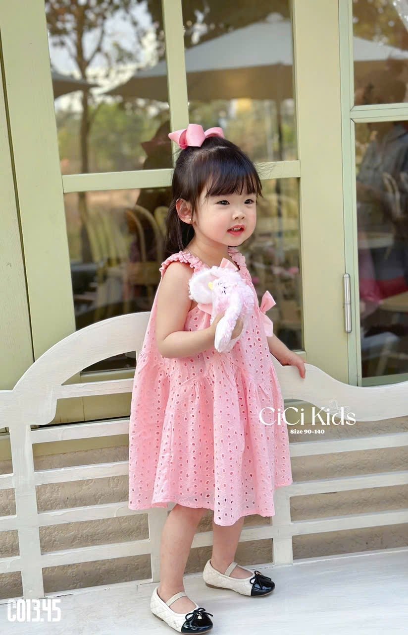 C013 - Váy Cicikids thêu 2 lớp đính nơ 2 màu hồng/trắng bé gái size 90-140