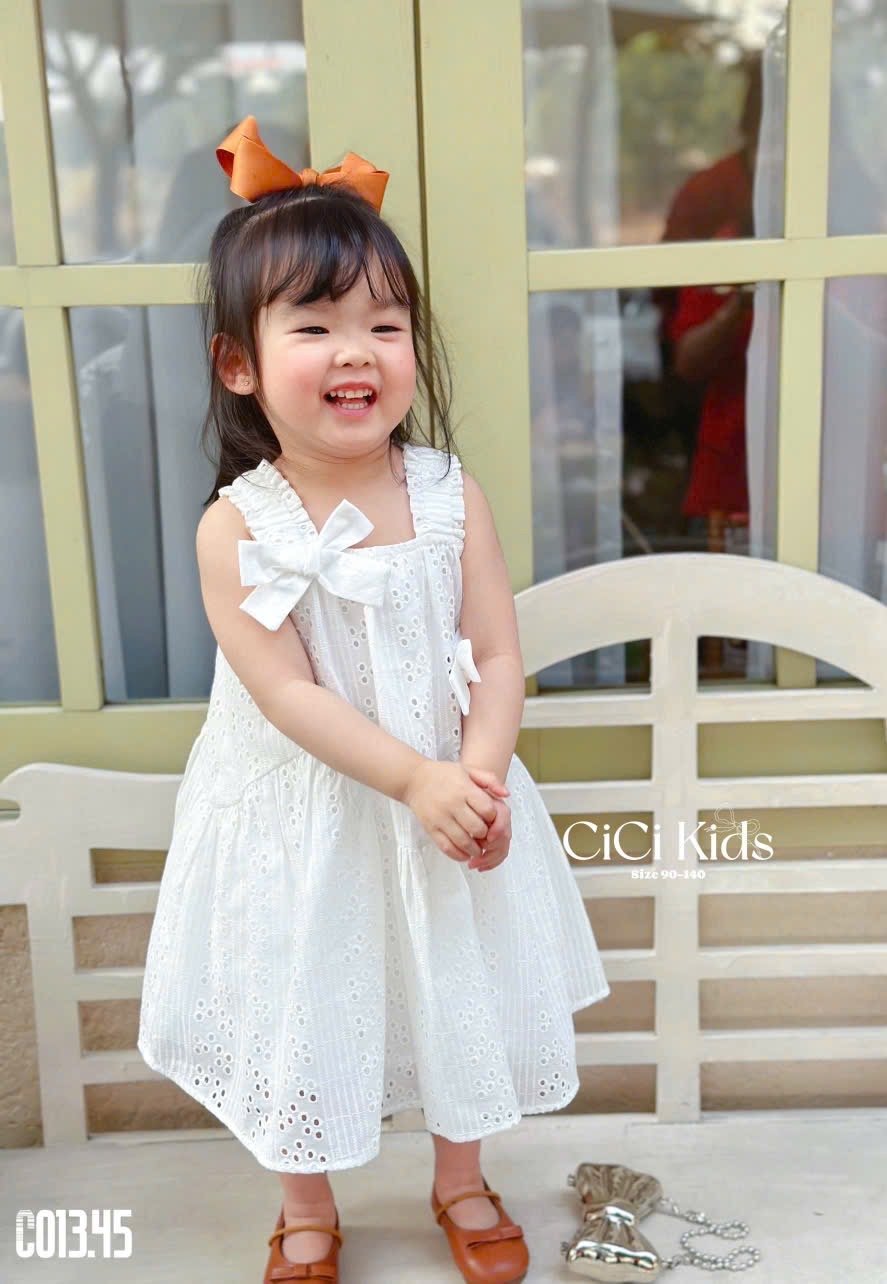 C013 - Váy Cicikids thêu 2 lớp đính nơ 2 màu hồng/trắng bé gái size 90-140