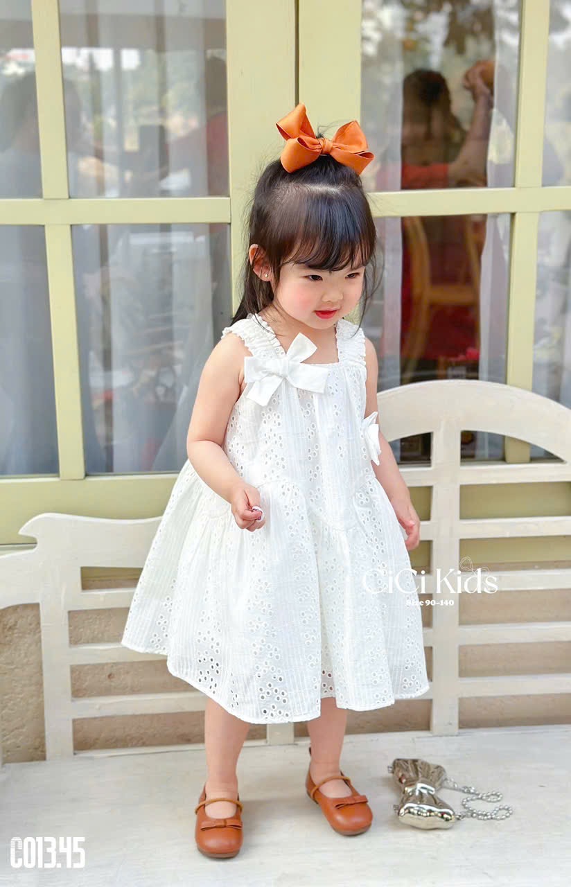 C013 - Váy Cicikids thêu 2 lớp đính nơ 2 màu hồng/trắng bé gái size 90-140
