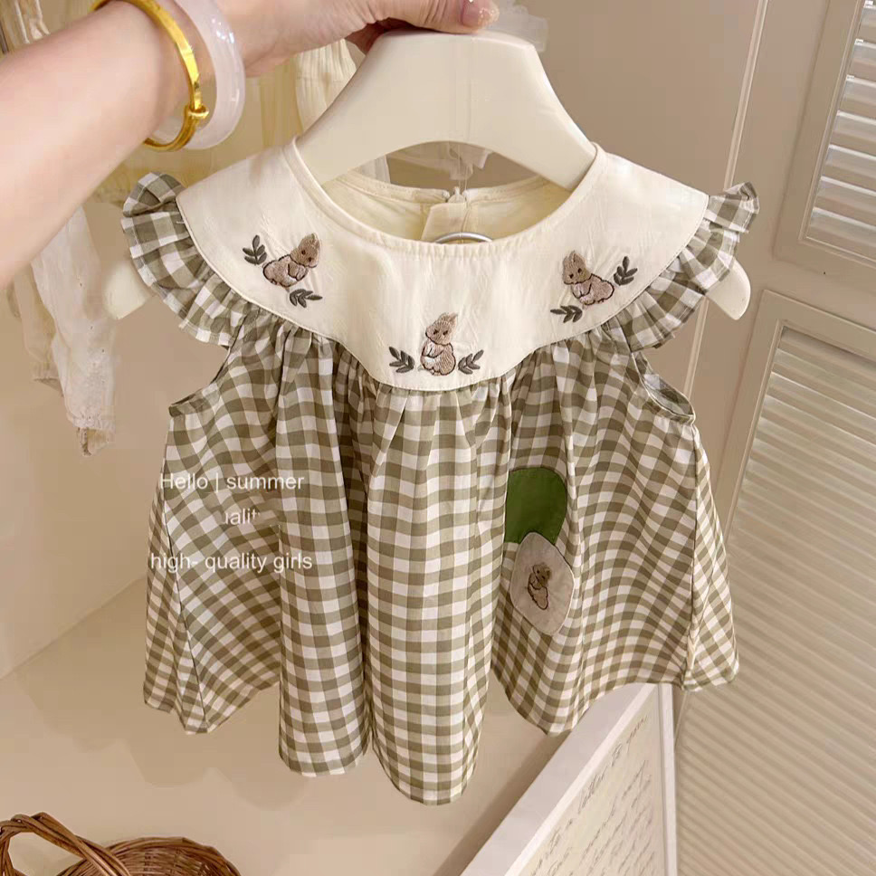 Váy QC kẻ caro xanh rêu cổ trắng thêu thỏ bé gái size 80-130