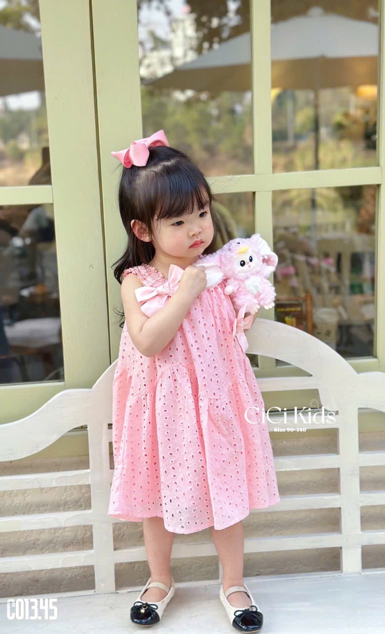 C013 - Váy Cicikids thêu 2 lớp đính nơ 2 màu hồng/trắng bé gái size 90-140