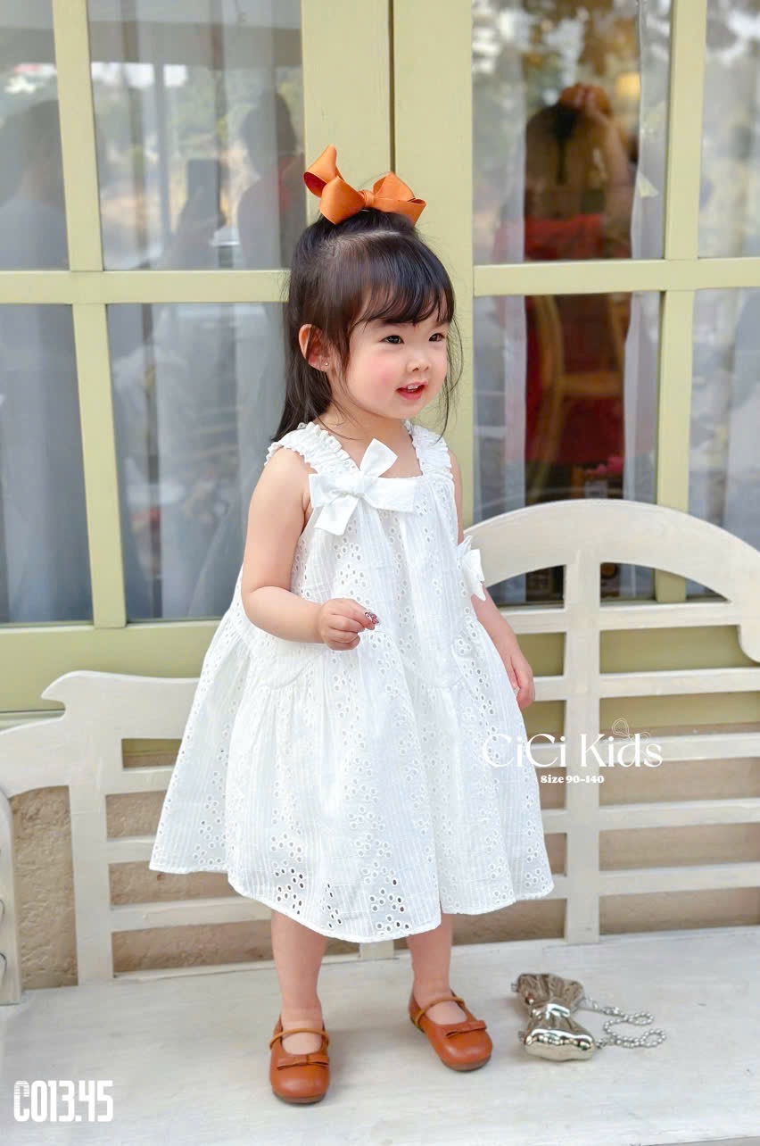 C013 - Váy Cicikids thêu 2 lớp đính nơ 2 màu hồng/trắng bé gái size 90-140