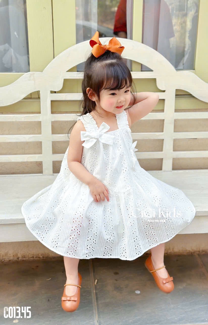 C013 - Váy Cicikids thêu 2 lớp đính nơ 2 màu hồng/trắng bé gái size 90-140