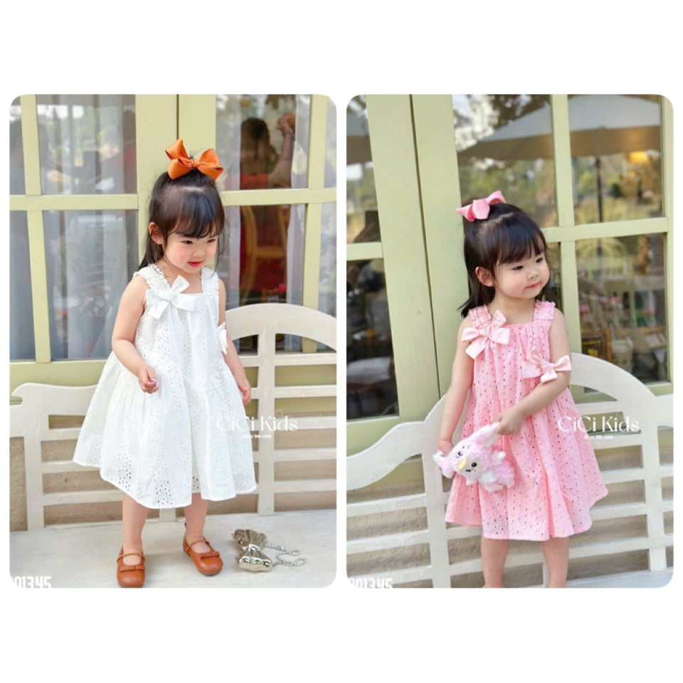 C013 - Váy Cicikids thêu 2 lớp đính nơ 2 màu hồng/trắng bé gái size 90-140