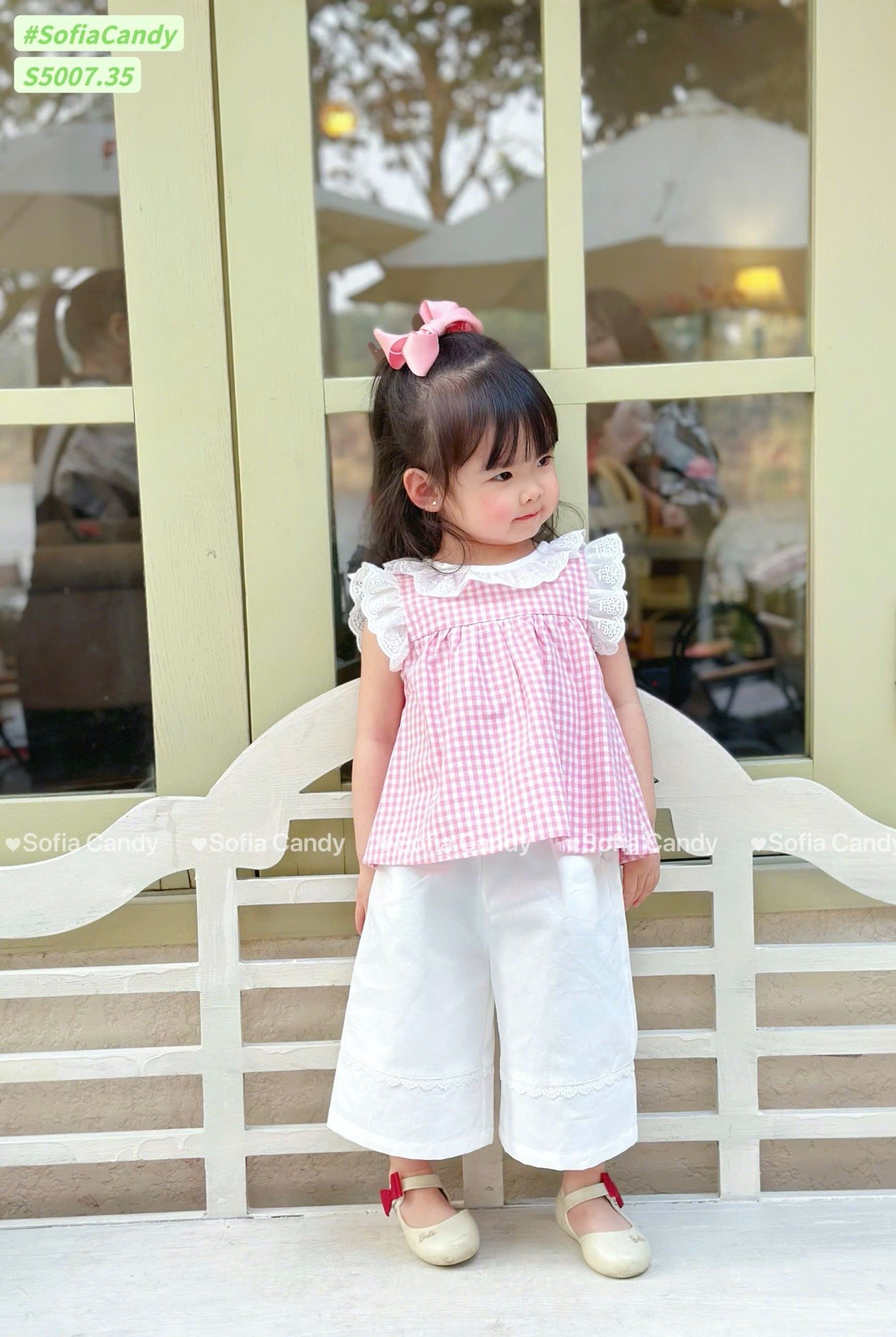 S5007 - Set bộ Sofia Candy áo kẻ caro cổ ren + quần dài 2 màu kẻ hồng/nâu bé gái size 1-10y