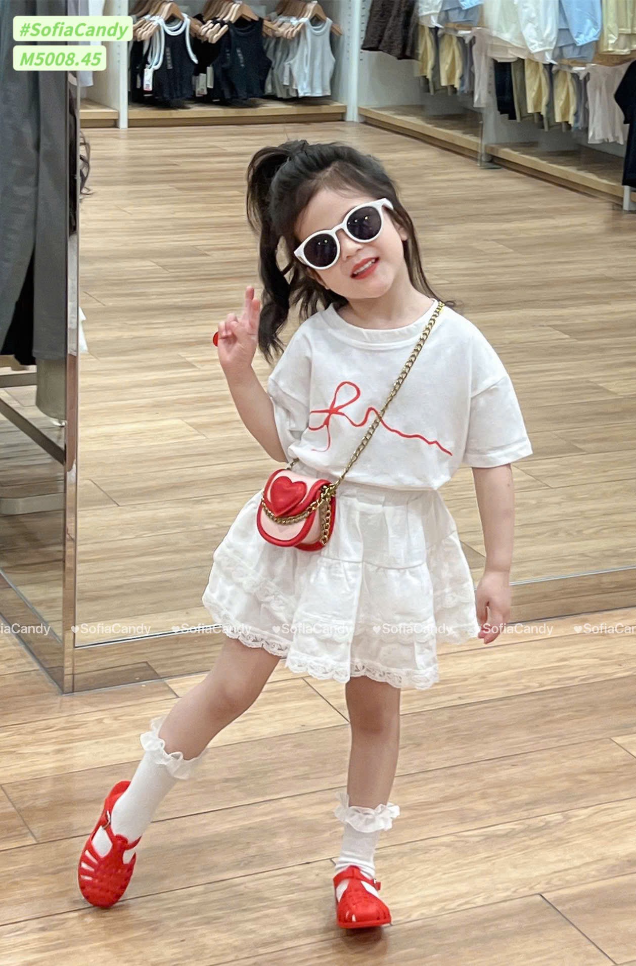 M5008 - Bộ Mia Kids áo trắng nơ phối chân váy liền quần bé gái size 1-10y