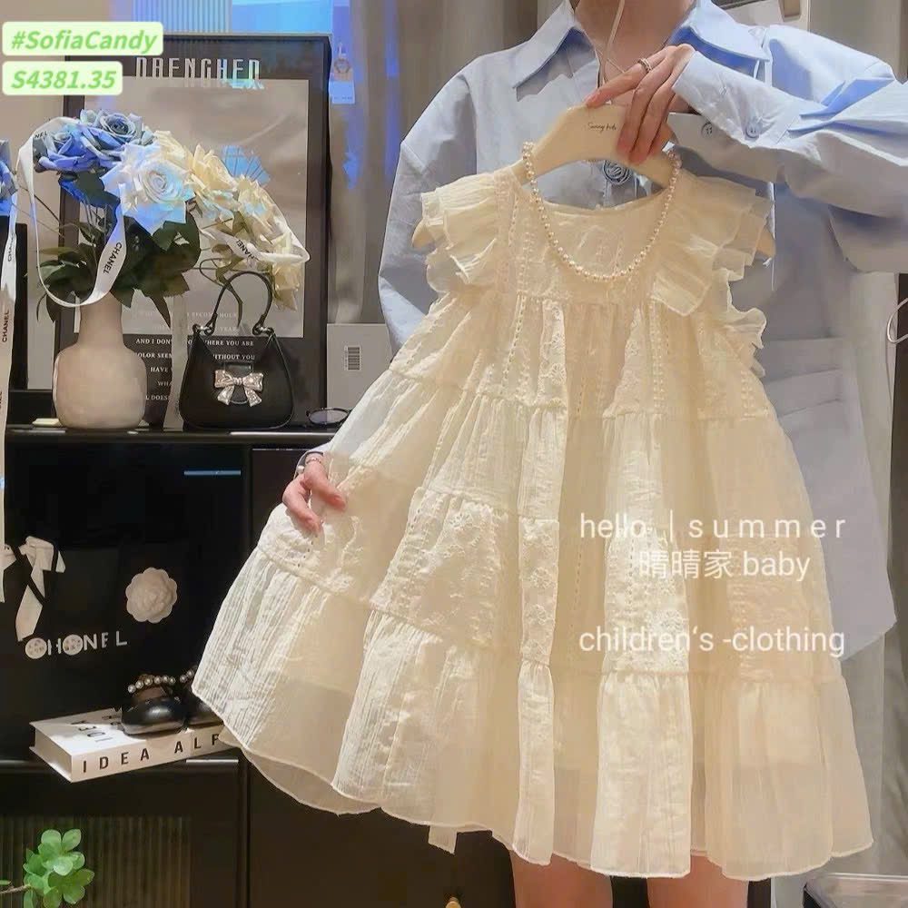 S4381 - Váy Sofia Candy vải thô thêu trắng tay cánh tiên bé gái size 1-10y