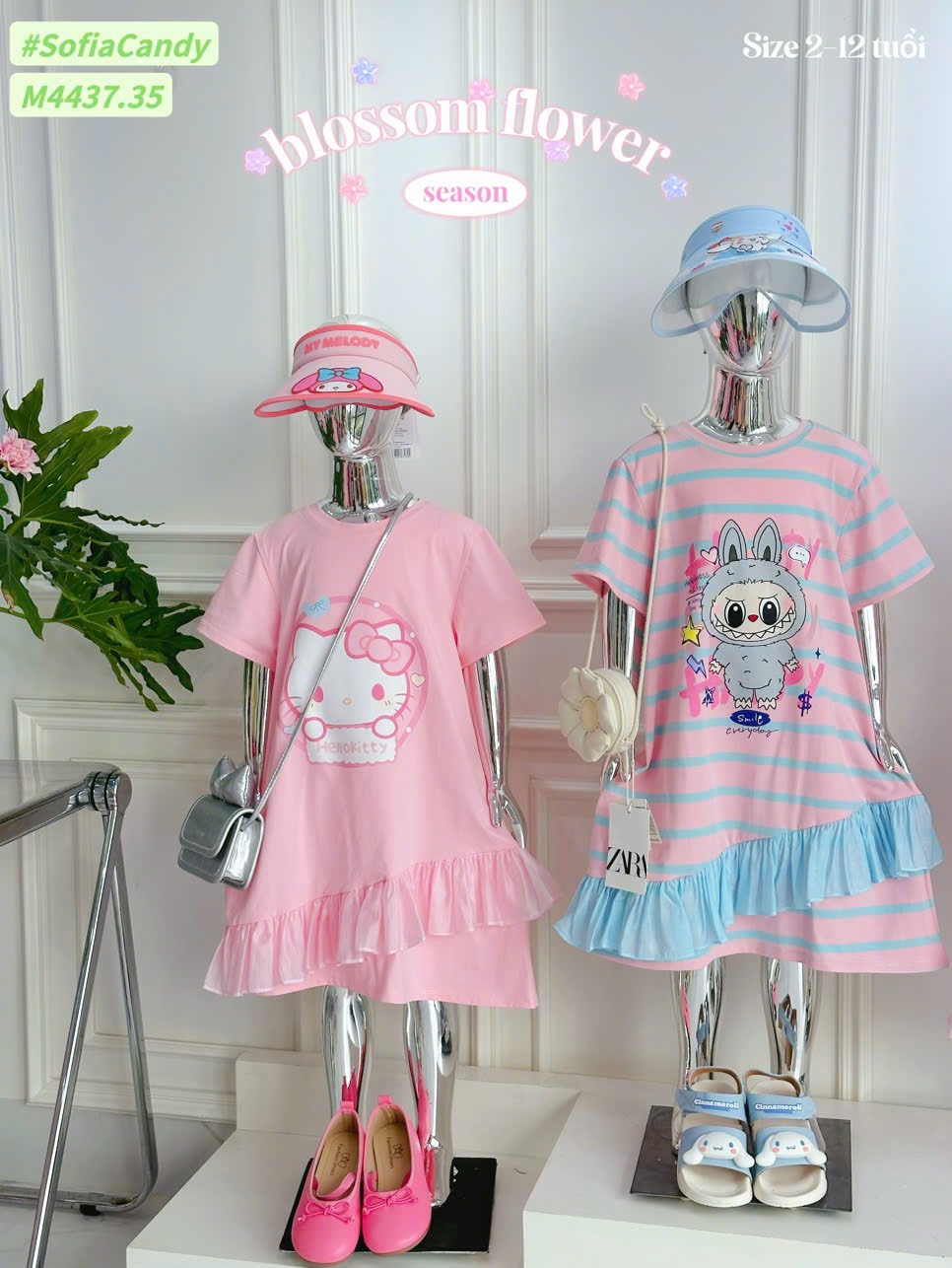 M4437 - Váy cotton Mia Kids Hello Kitty hồng phối bèo bé gái size 2-12y