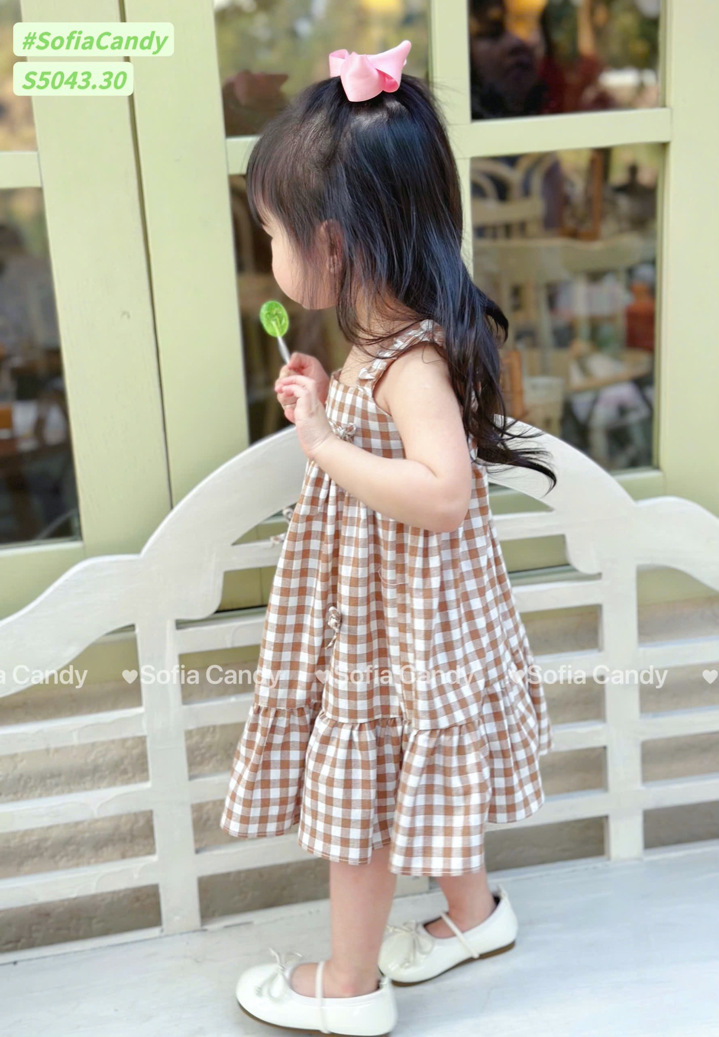 S5043 - Váy Sofia Candy 2 dây kẻ phối nơ màu nâu bé gái size 1-10y