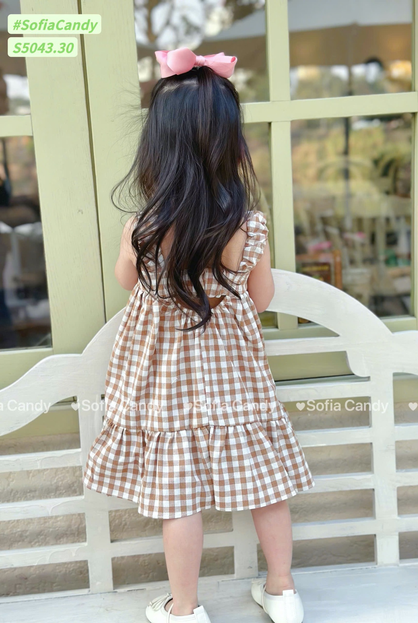S5043 - Váy Sofia Candy 2 dây kẻ phối nơ màu nâu bé gái size 1-10y