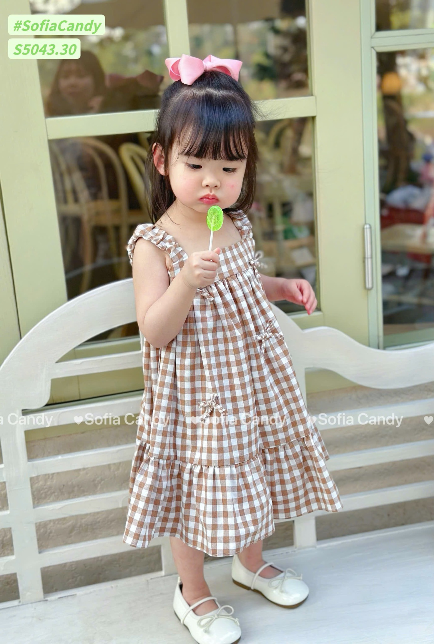 S5043 - Váy Sofia Candy 2 dây kẻ phối nơ màu nâu bé gái size 1-10y