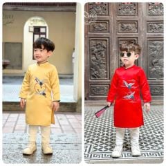 Áo dài Oli River 2 màu đỏ/ vàng phối gấm thêu hạc bé trai size 2-15y (không kèm quần)