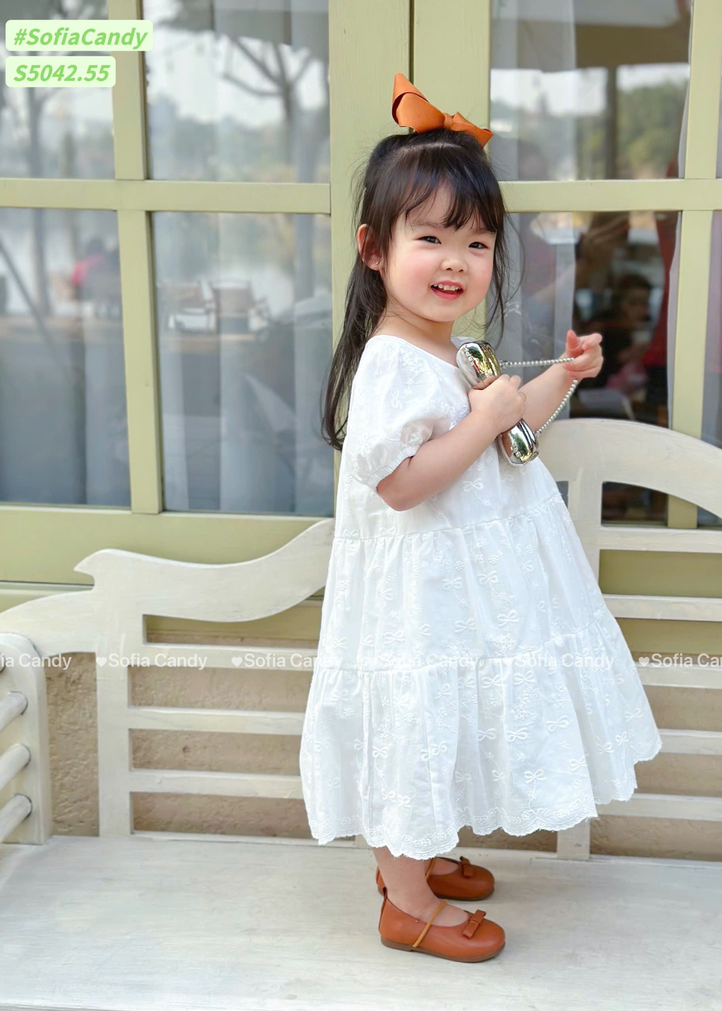 S5042 - Váy Sofia Candy thêu trắng tay phồng bé gái size 1-10y