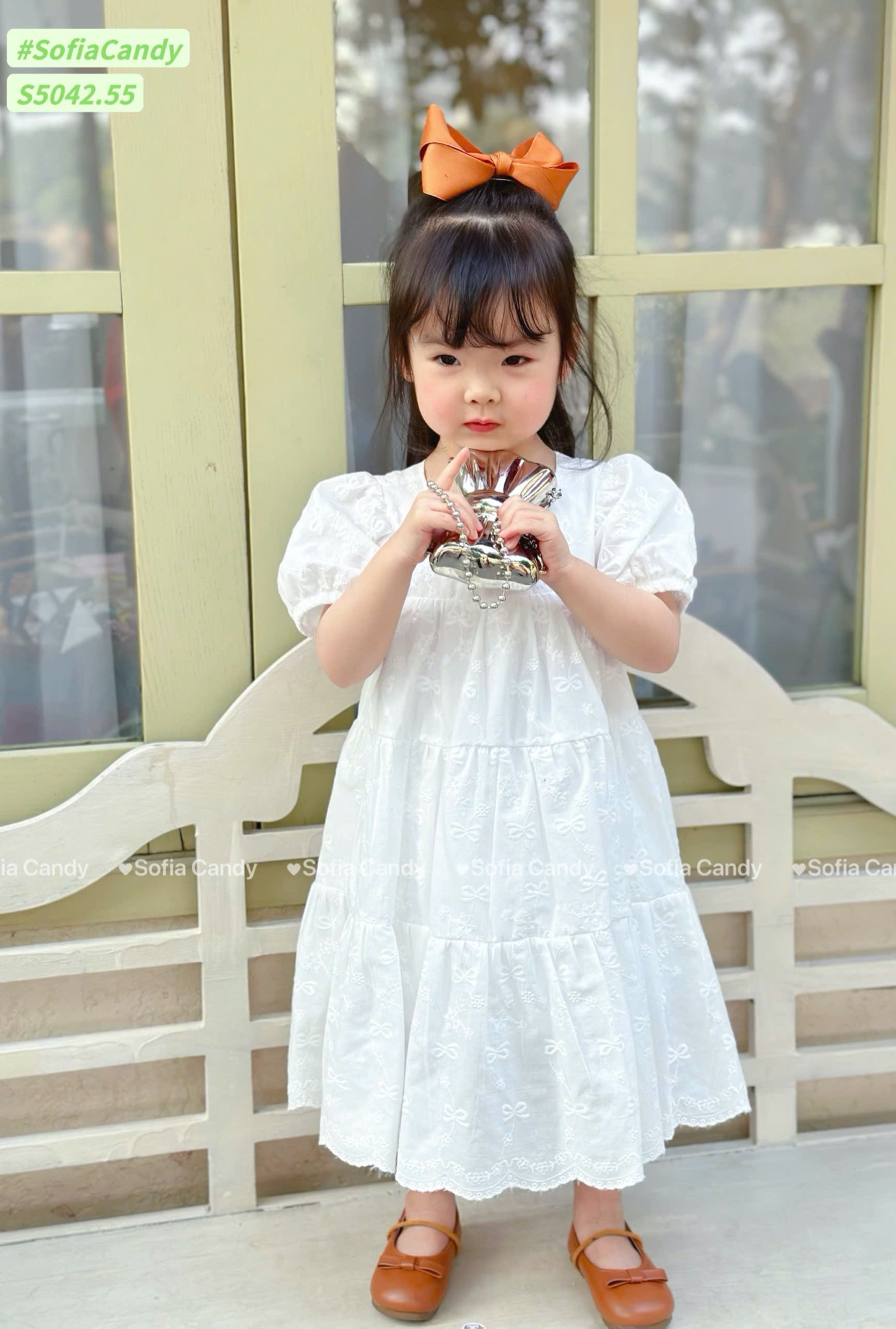 S5042 - Váy Sofia Candy thêu trắng tay phồng bé gái size 1-10y