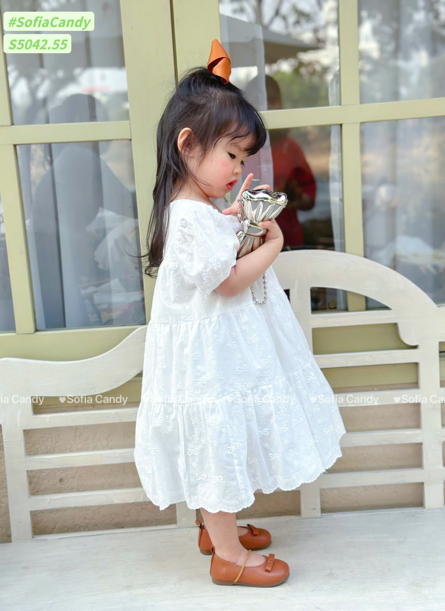 S5042 - Váy Sofia Candy thêu trắng tay phồng bé gái size 1-10y