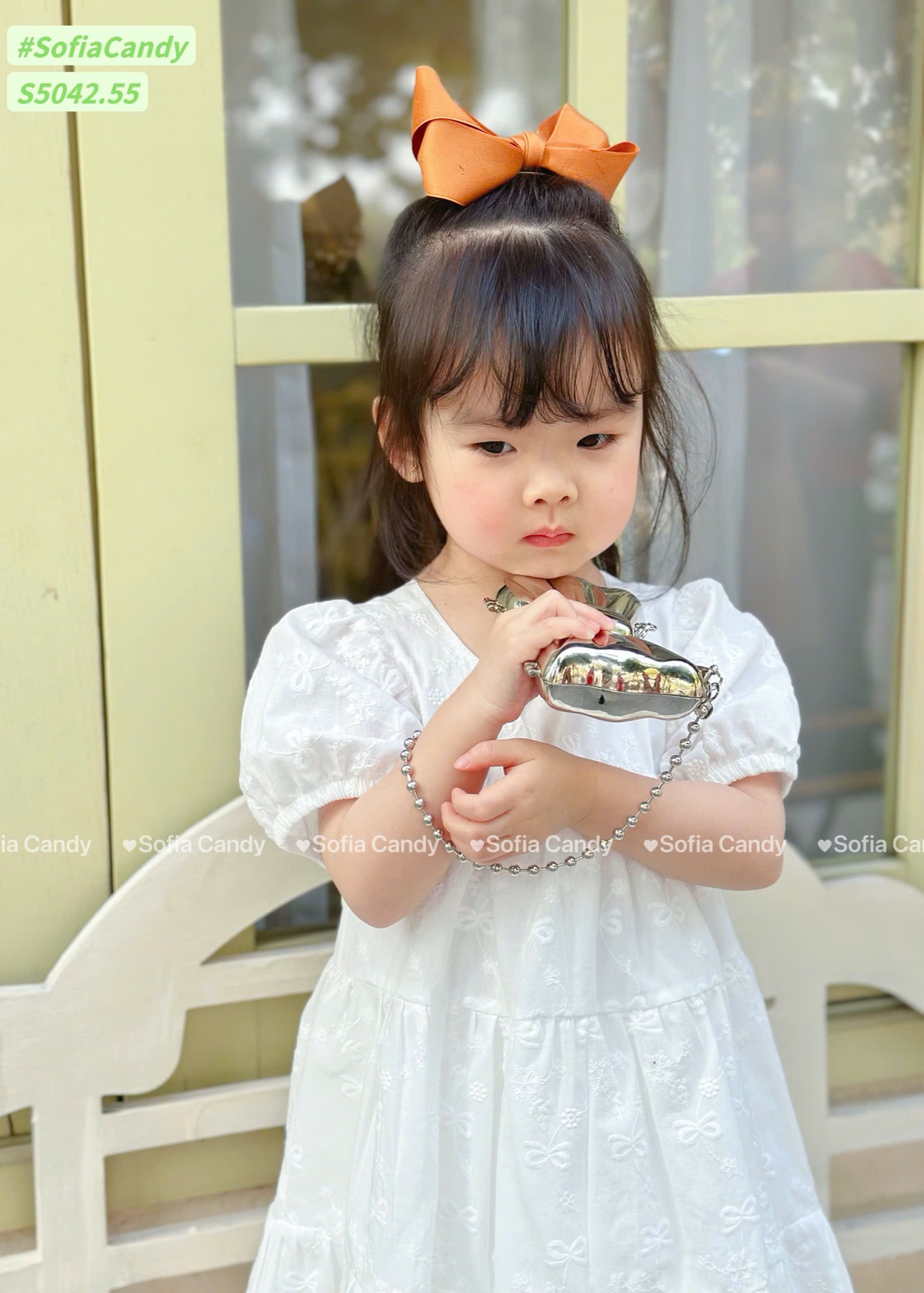 S5042 - Váy Sofia Candy thêu trắng tay phồng bé gái size 1-10y