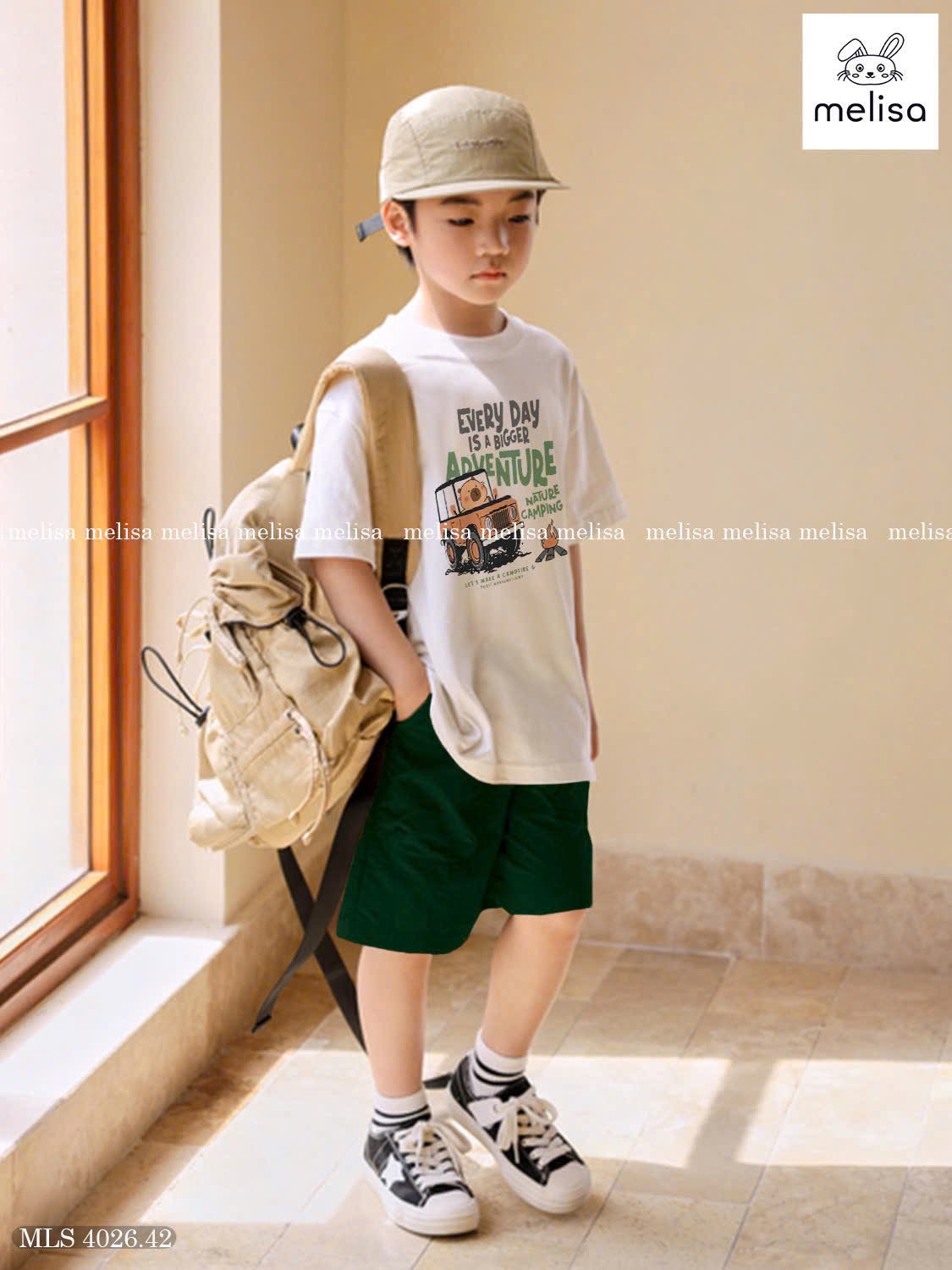 MLS 4026 - Bộ Melisa áo trắng Capybara lái ô tô + quần rêu bé trai size 2-12y