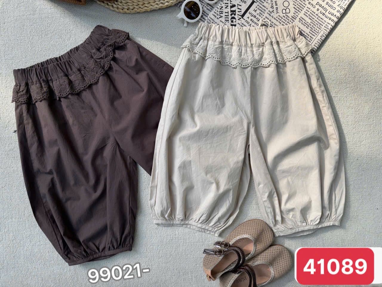 99021 - Quần thô dài cạp viền ren ống bo 2 màu nâu/be cho bé gái size 110-150