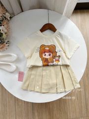 S6559 - Bộ Sara min áo Baby Three màu be + chân váy xếp ly bé gái size 2-12y
