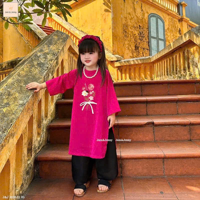 JJ 3838 - Set áo dài Jam & Jenny màu hồng thêu hoa bé gái size 2-12y