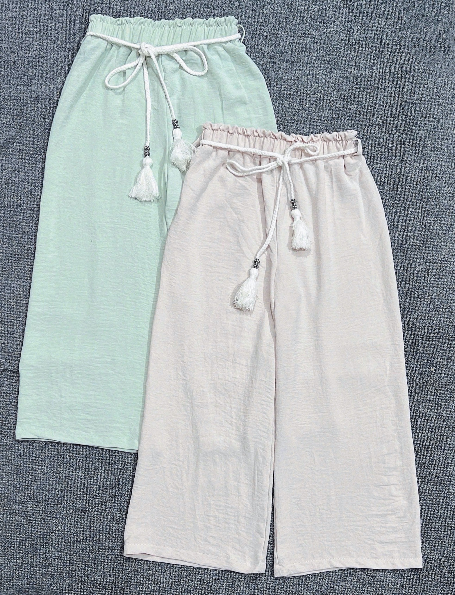 Quần ống suông GGJJ dư xịn vải đũi mềm kèm đai 2 màu be/mint bé gái size 8-14y