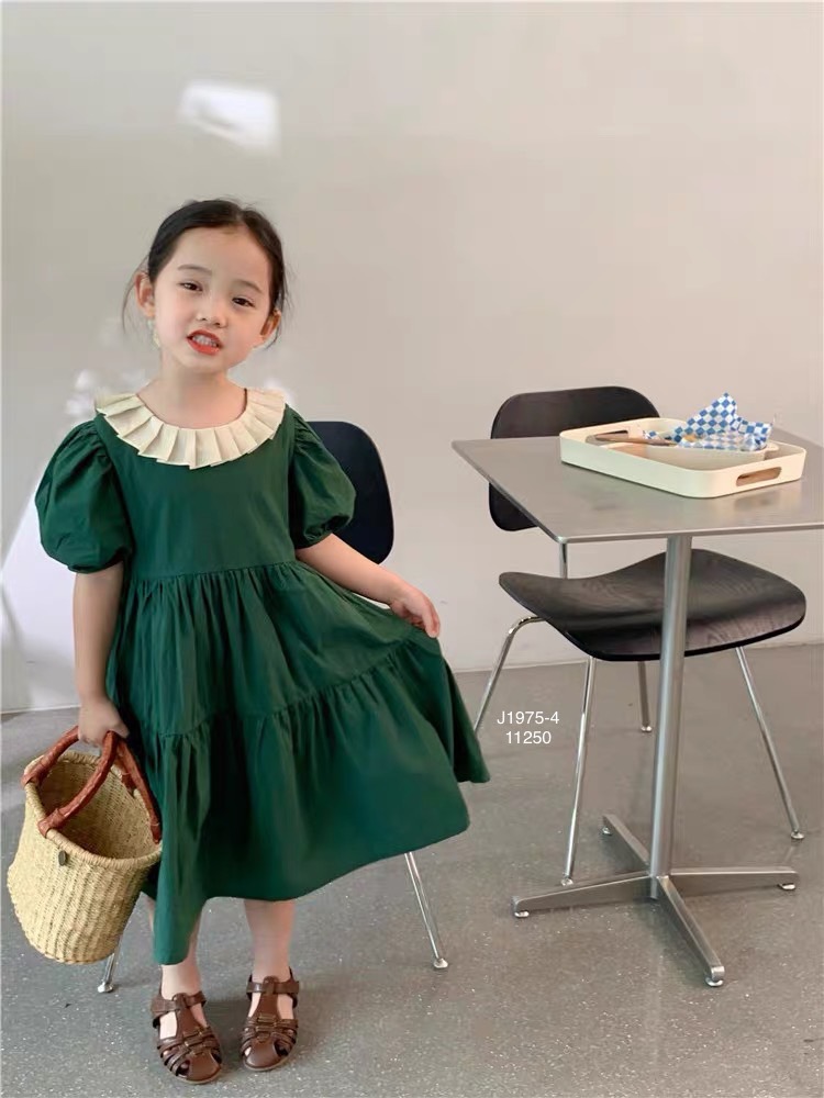 Váy thô June màu xanh lá phối cổ bèo xếp ly màu kem size 1 - 10y