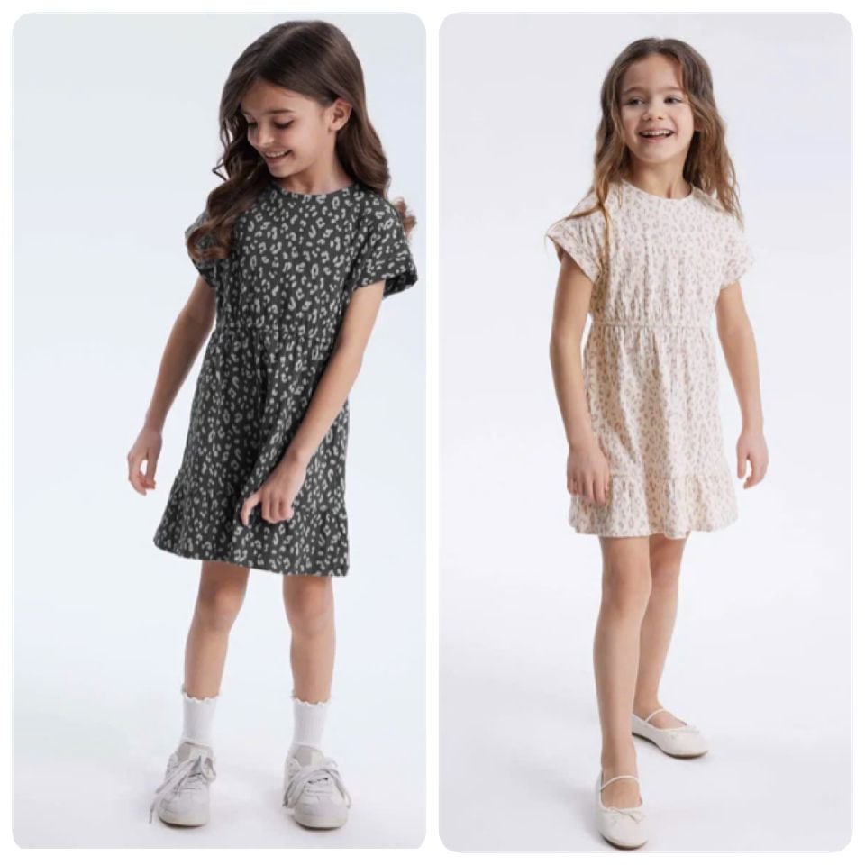 Váy thun da báo GGJJ dư xịn 2 màu be hồng, ghi bé gái size 2-8y