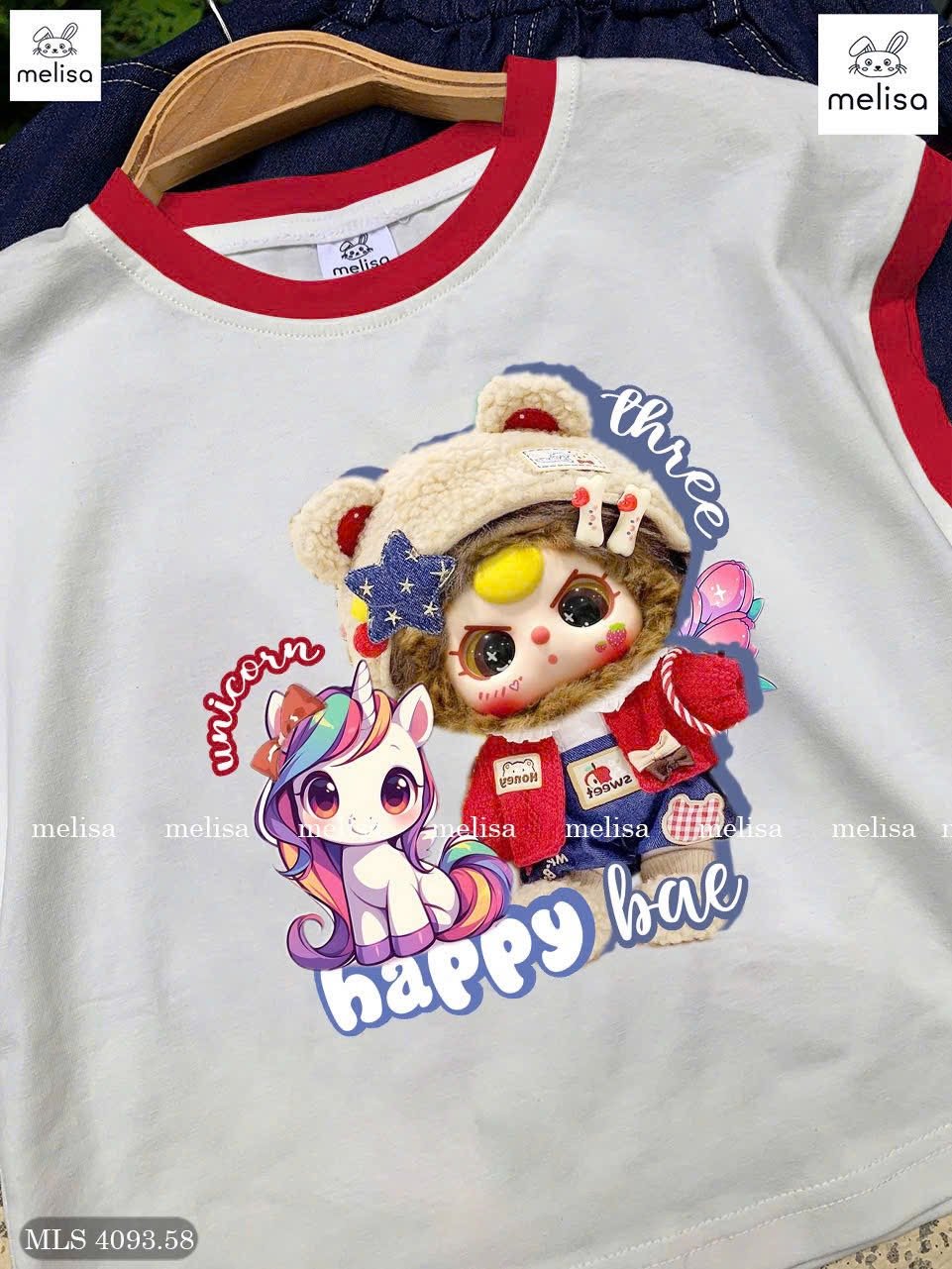 MLS 4093 - Bộ Melisa áo trắng Baby Three + Pony + chân váy jean mềm bé gái size 6-12y