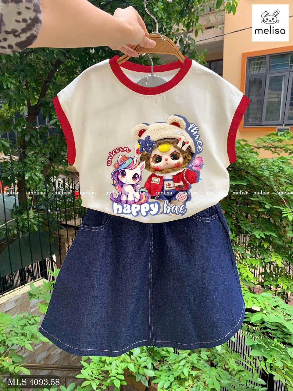 MLS 4093 - Bộ Melisa áo trắng Baby Three + Pony + chân váy jean mềm bé gái size 6-12y