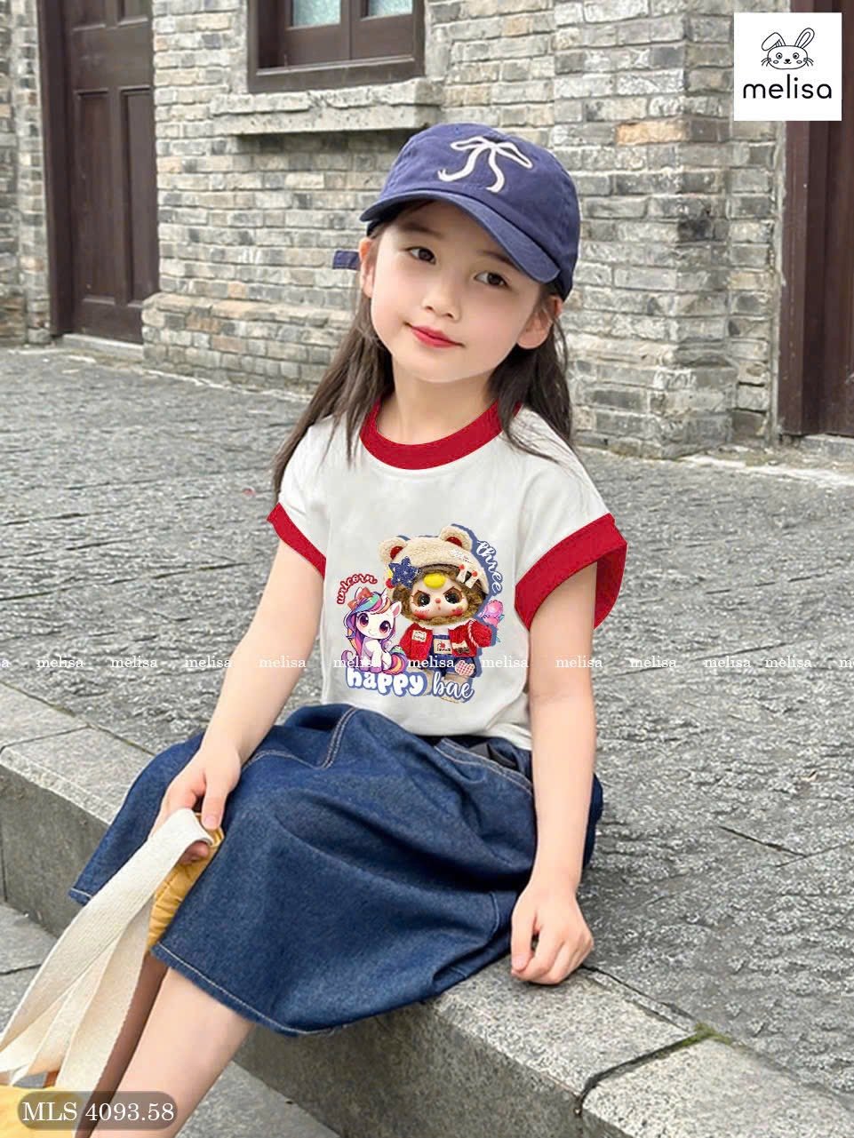 MLS 4093 - Bộ Melisa áo trắng Baby Three + Pony + chân váy jean mềm bé gái size 6-12y