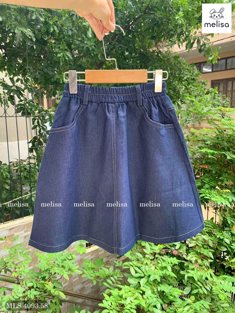 MLS 4093 - Bộ Melisa áo trắng Baby Three + Pony + chân váy jean mềm bé gái size 6-12y