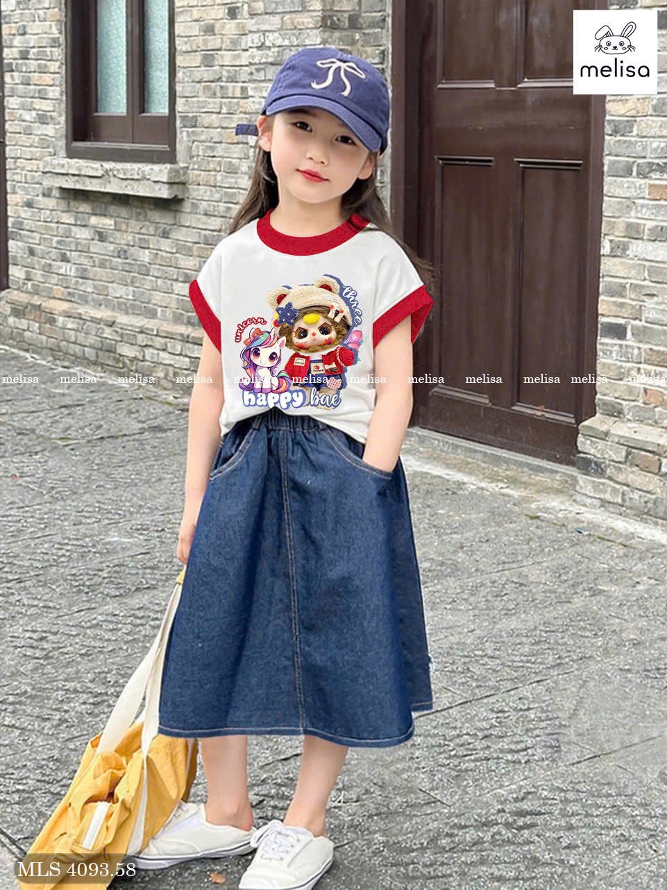 MLS 4093 - Bộ Melisa áo trắng Baby Three + Pony + chân váy jean mềm bé gái size 6-12y