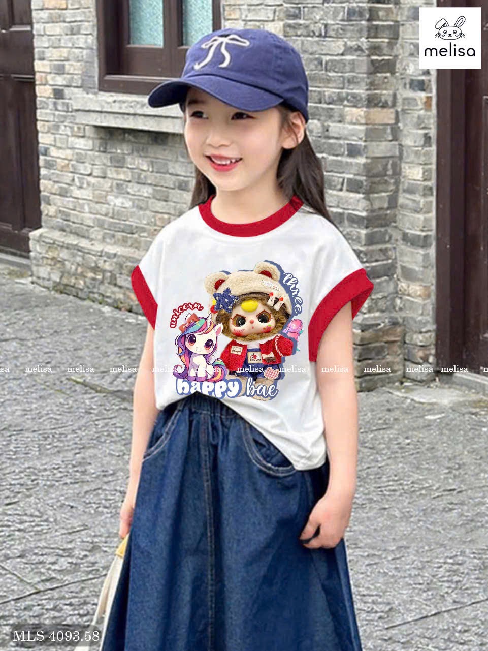 MLS 4093 - Bộ Melisa áo trắng Baby Three + Pony + chân váy jean mềm bé gái size 6-12y