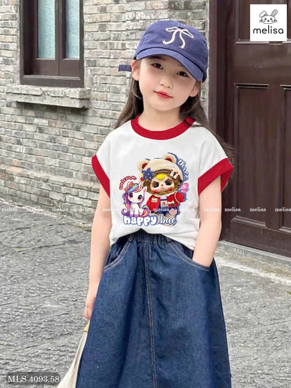 MLS 4093 - Bộ Melisa áo trắng Baby Three + Pony + chân váy jean mềm bé gái size 6-12y