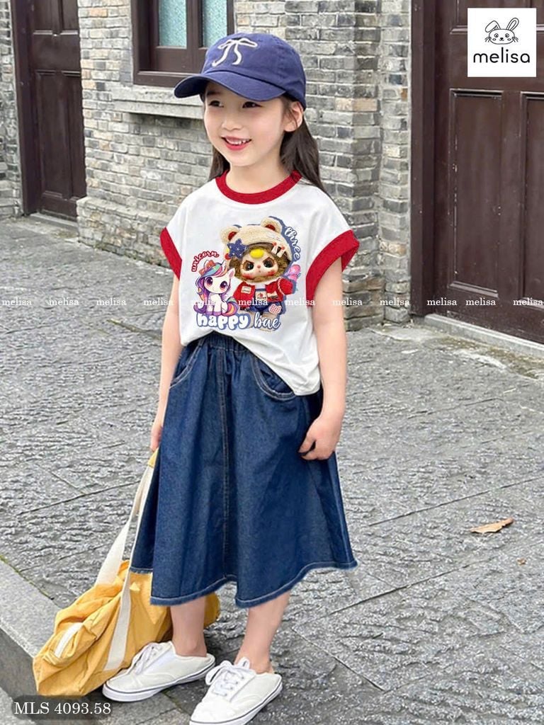 MLS 4093 - Bộ Melisa áo trắng Baby Three + Pony + chân váy jean mềm bé gái size 6-12y