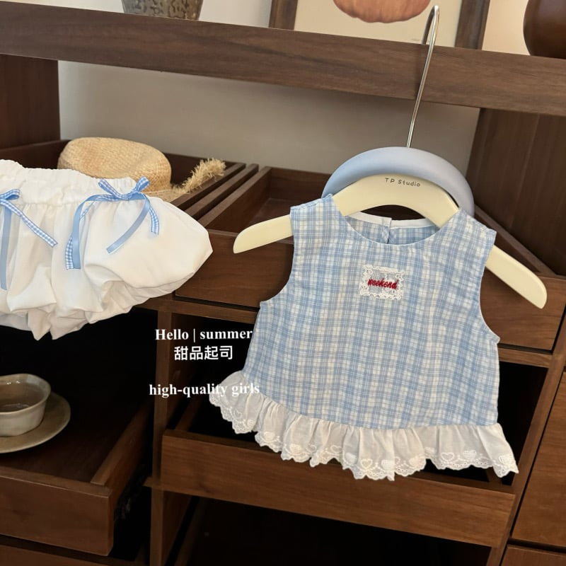 Set áo sát nách QC caro xanh trắng Weekend + quần bí ngô trắng đính nơ size 80 - 130