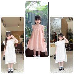 S3385 - Váy Sara Min vải thô thêu nơ chân ren nhiều màu bé gái size 1-11y