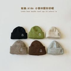 Mũ len tròn thêu gấu trơn nhiều màu cho bé size 2-6y