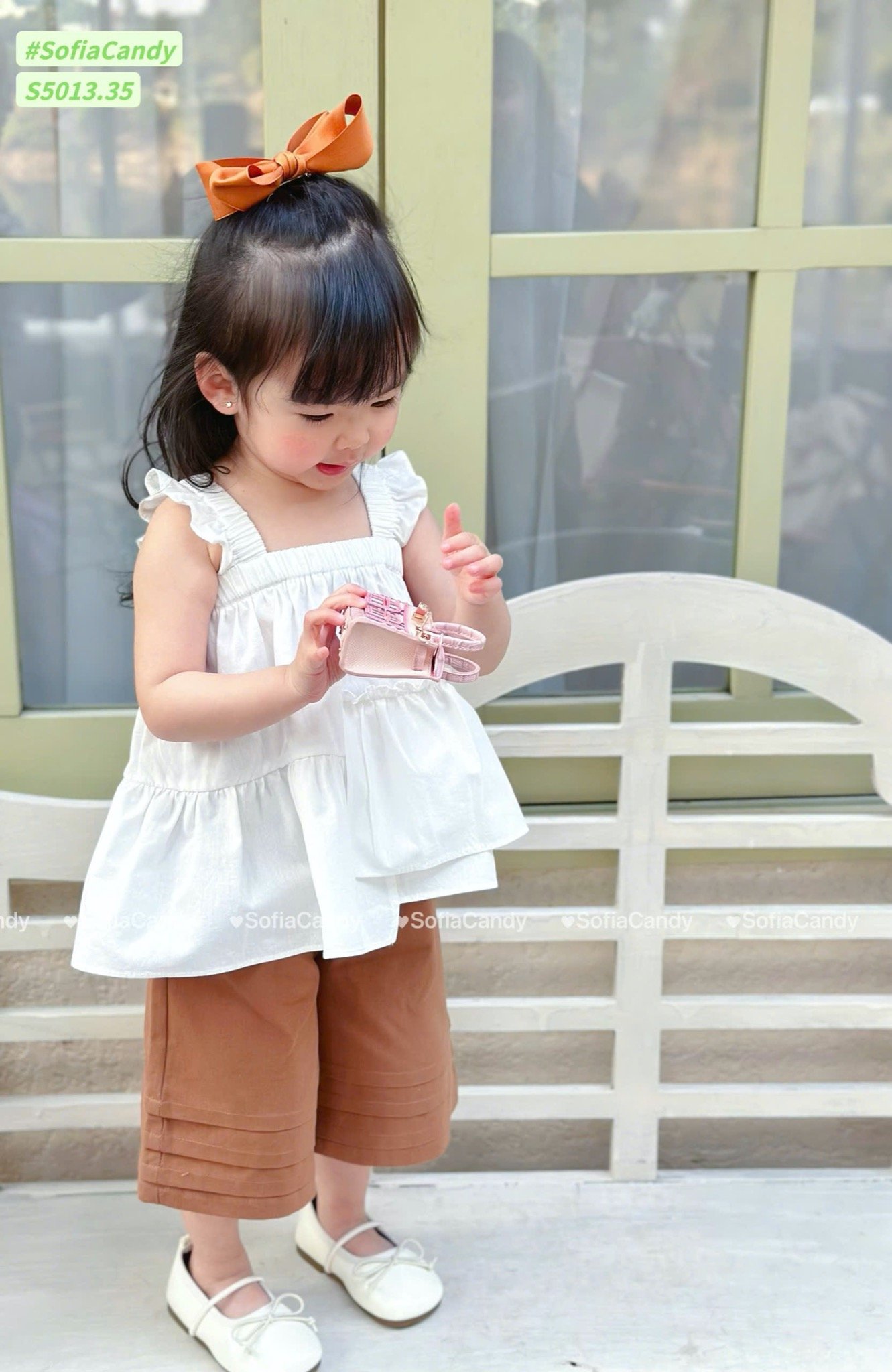 S5013 - Set bộ Sofia Candy áo 2 dây cánh tiên + quần 2 màu nâu/trắng bé gái size 1-10y