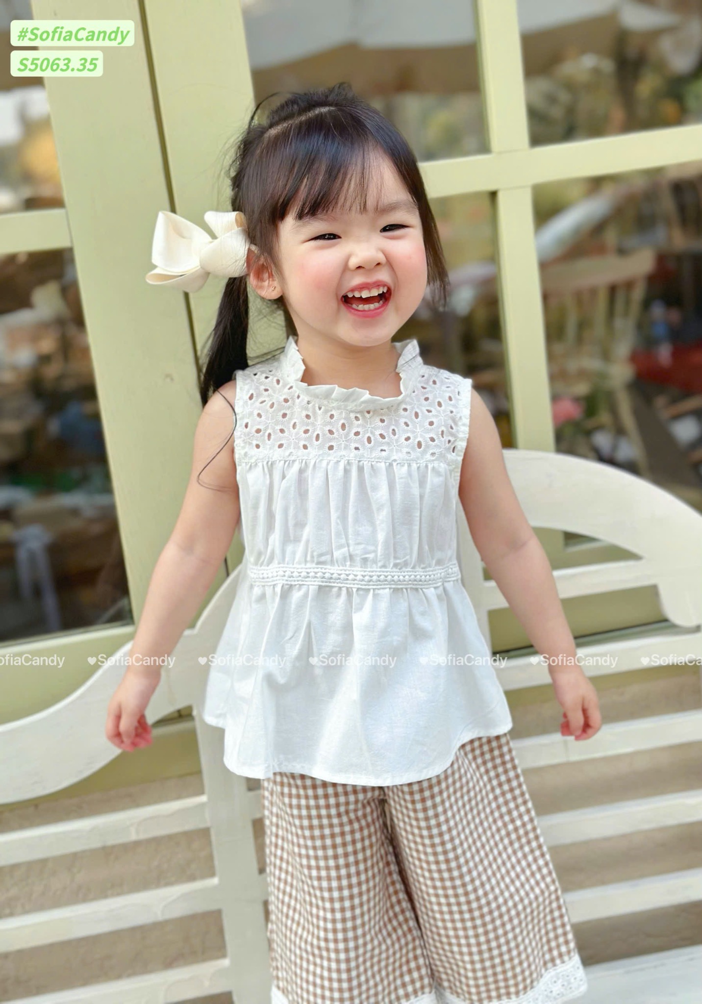S5063 - Set bộ Sofia Candy áo trắng sát nách phối quần kẻ bé gái size 1-10y