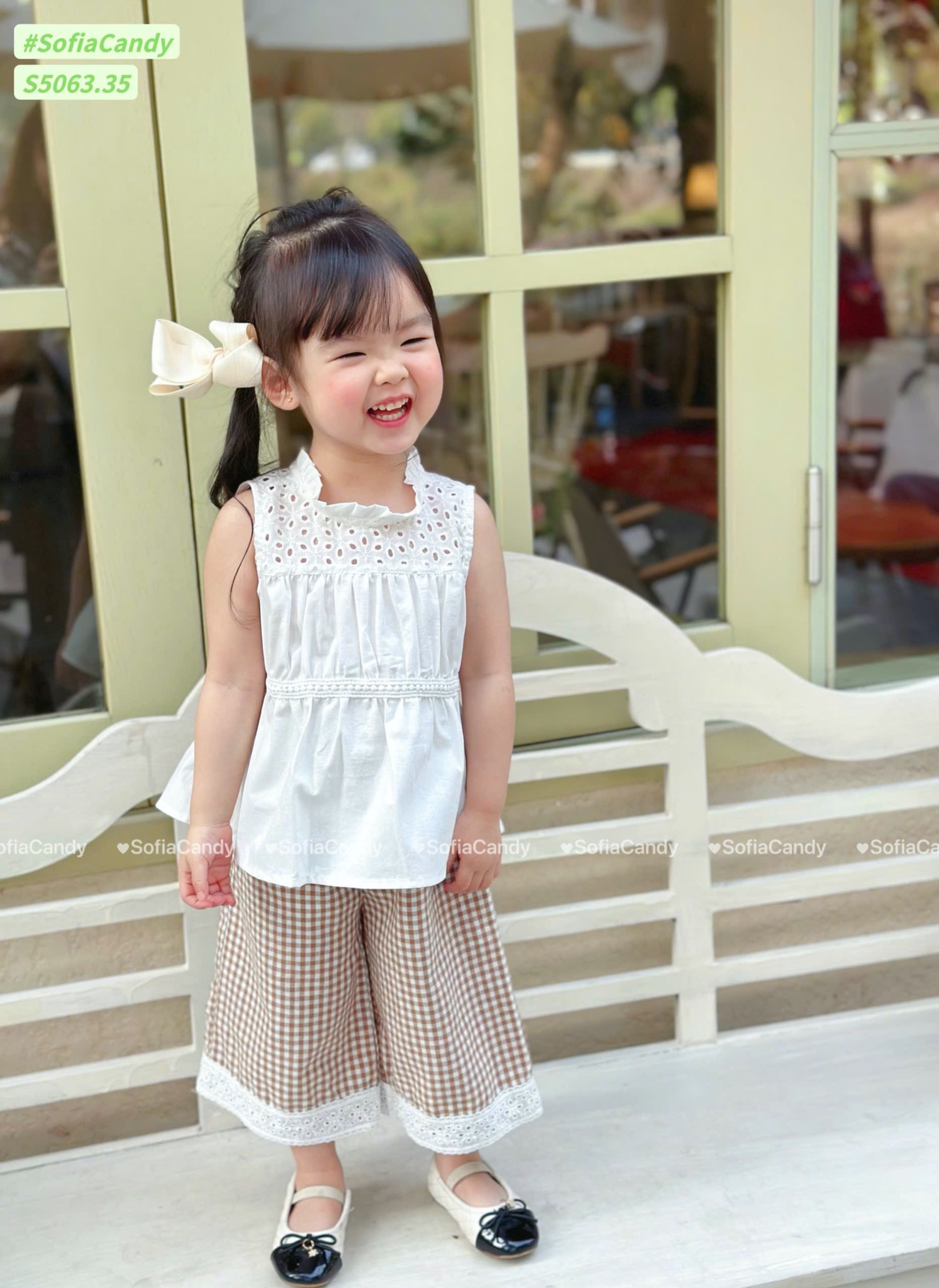 S5063 - Set bộ Sofia Candy áo trắng sát nách phối quần kẻ bé gái size 1-10y